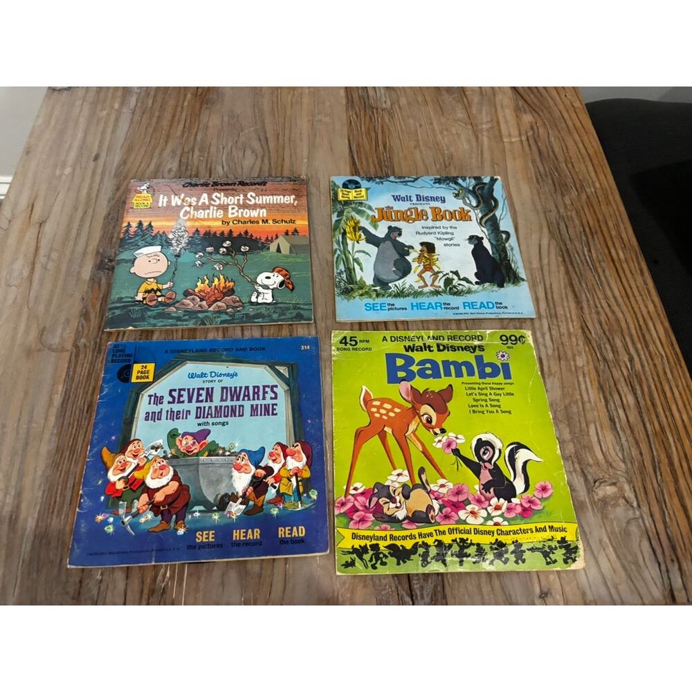 Vintage Book/Record Lot (4) Charlie Brown, Jungle Book, Bambi, Seven Dwarfs